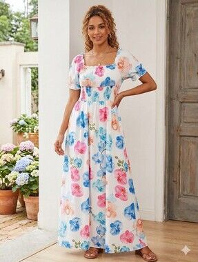 White Floral Orchid Maxi Dress | Puff Sleeve Smocked Waist Boho Summer Gown